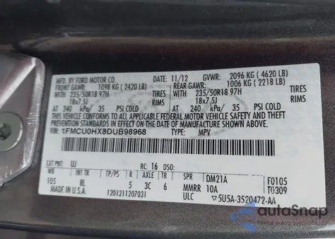 2013 Ford Escape Sel z USA, uszkodzony, nr VIN 1FMCU0HX8DUB98968